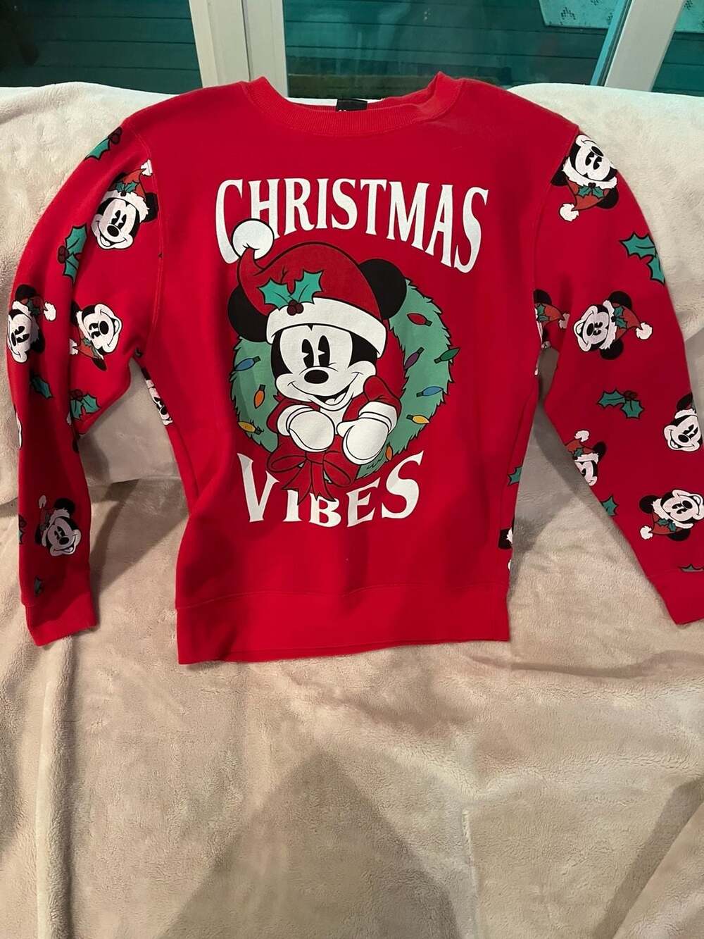 Disney Mickey Mouse Christmas Vibes Red Fleece Sweatshirt Size SM
